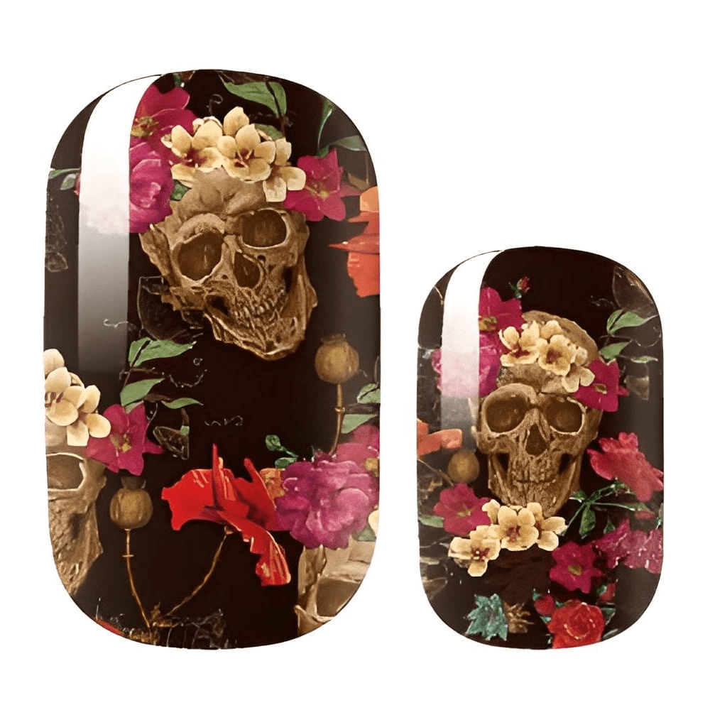 Dark skull floral nail wraps showing individual wrap pieces for manicure
