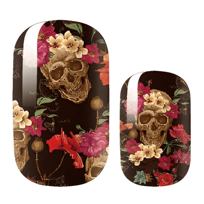 Dark skull floral nail wraps showing individual wrap pieces for manicure