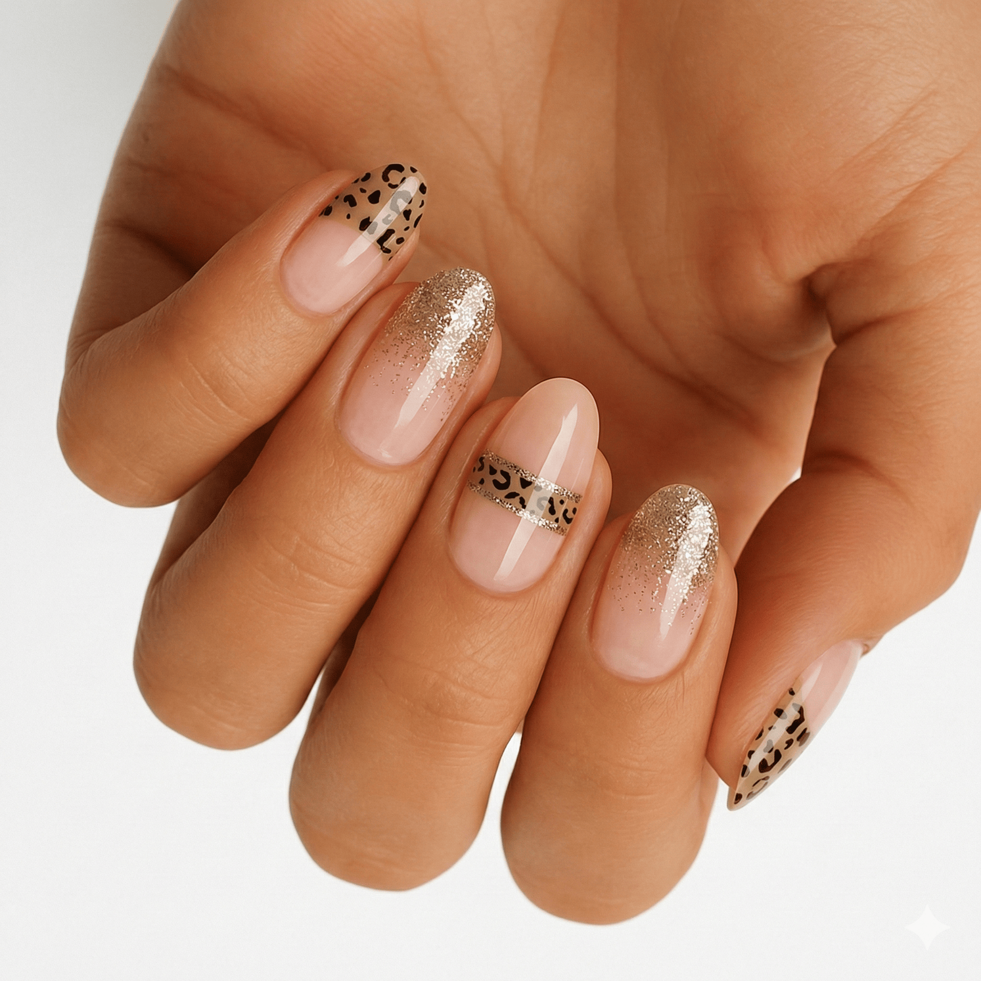 Nude pink nail wraps with gold leopard print and glitter accents on hand