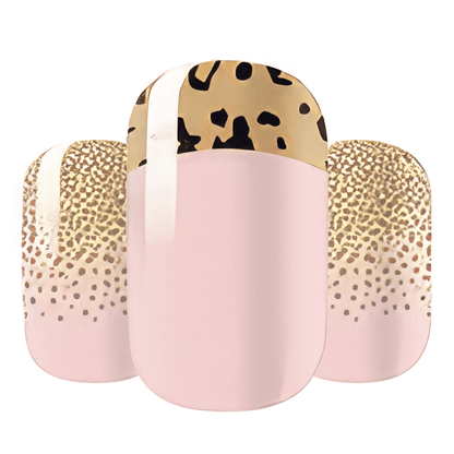 Three curved nail wrap sheets showing pink base with gold leopard print design