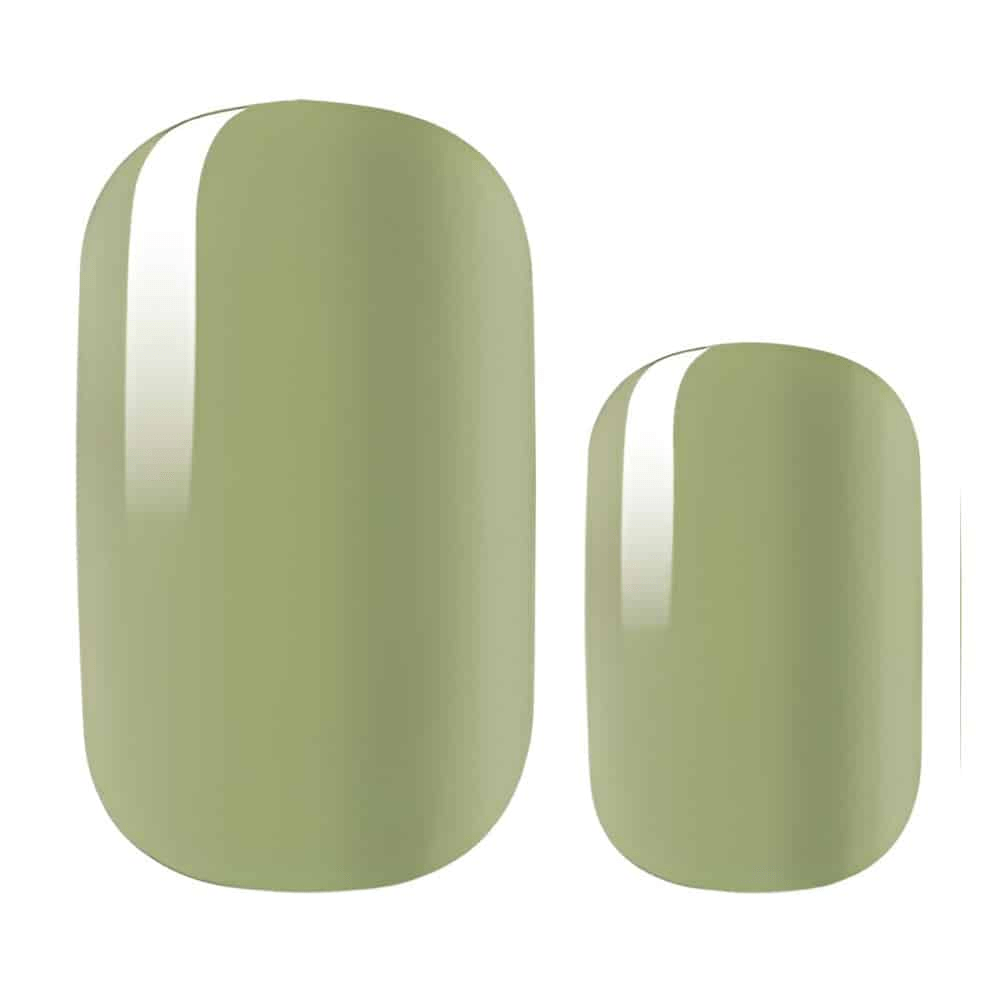 Two sage green glossy nail shapes showing nail wrap finish and colour
