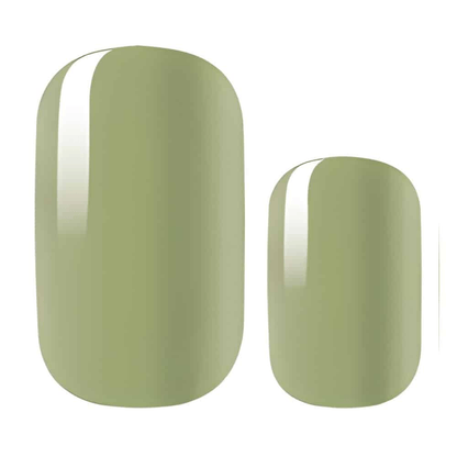 Two sage green glossy nail shapes showing nail wrap finish and colour