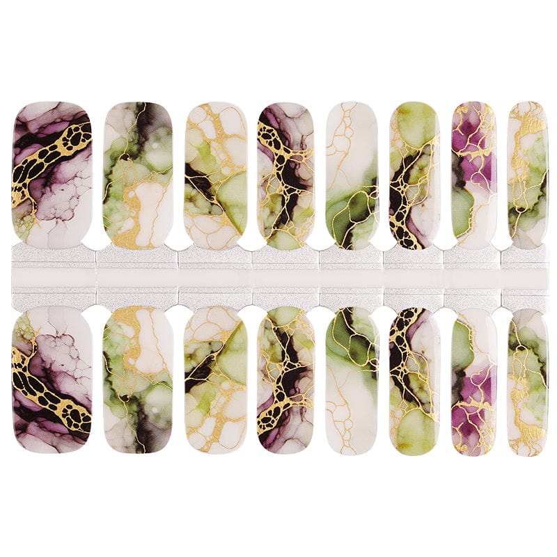 Non-UV nail wraps sheet featuring marble stone patterns in mauve, green and neutral tones