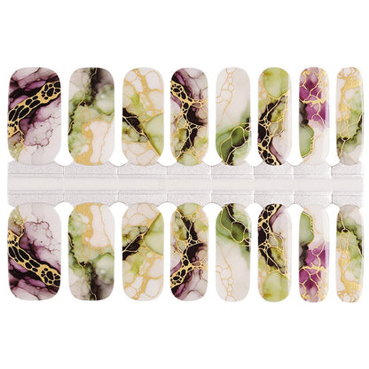 Non-UV nail wraps sheet featuring marble stone patterns in mauve, green and neutral tones