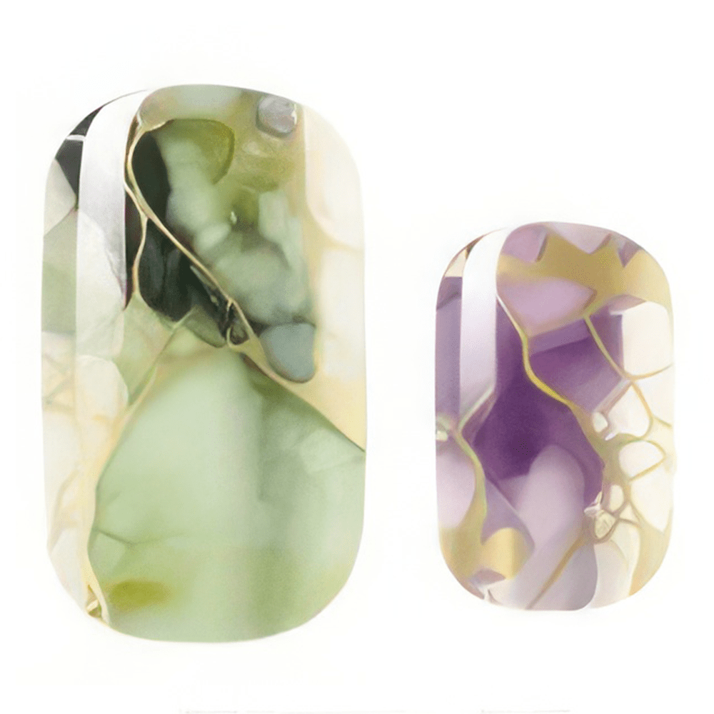 Close-up of marble gel nail wraps in sage green and purple with metallic gold accents