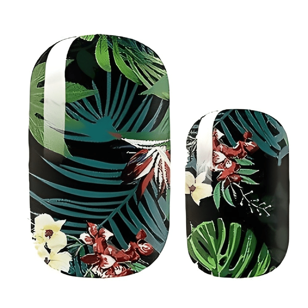 Tropical jungle nail wraps with green palm leaves and colourful flowers on black background