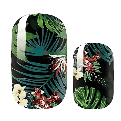 Tropical jungle nail wraps with green palm leaves and colourful flowers on black background