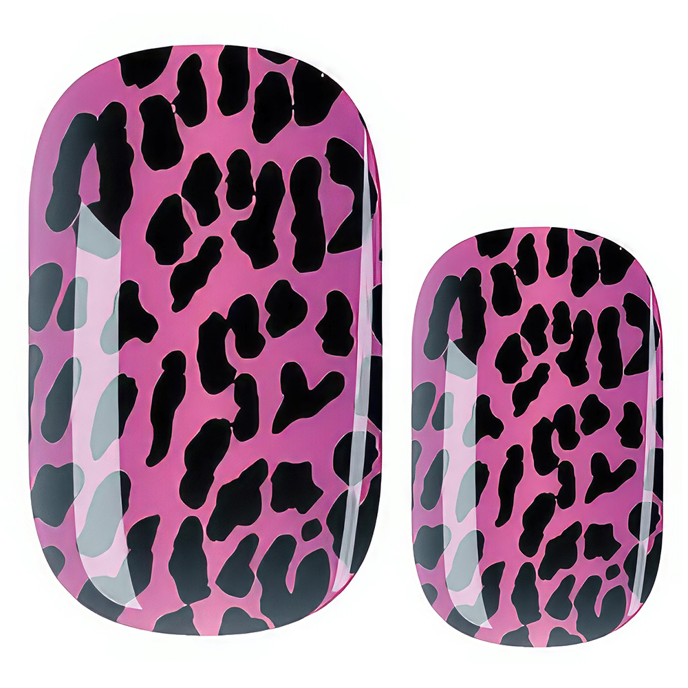 Pink nail wraps with black leopard print pattern for at-home manicure nail art