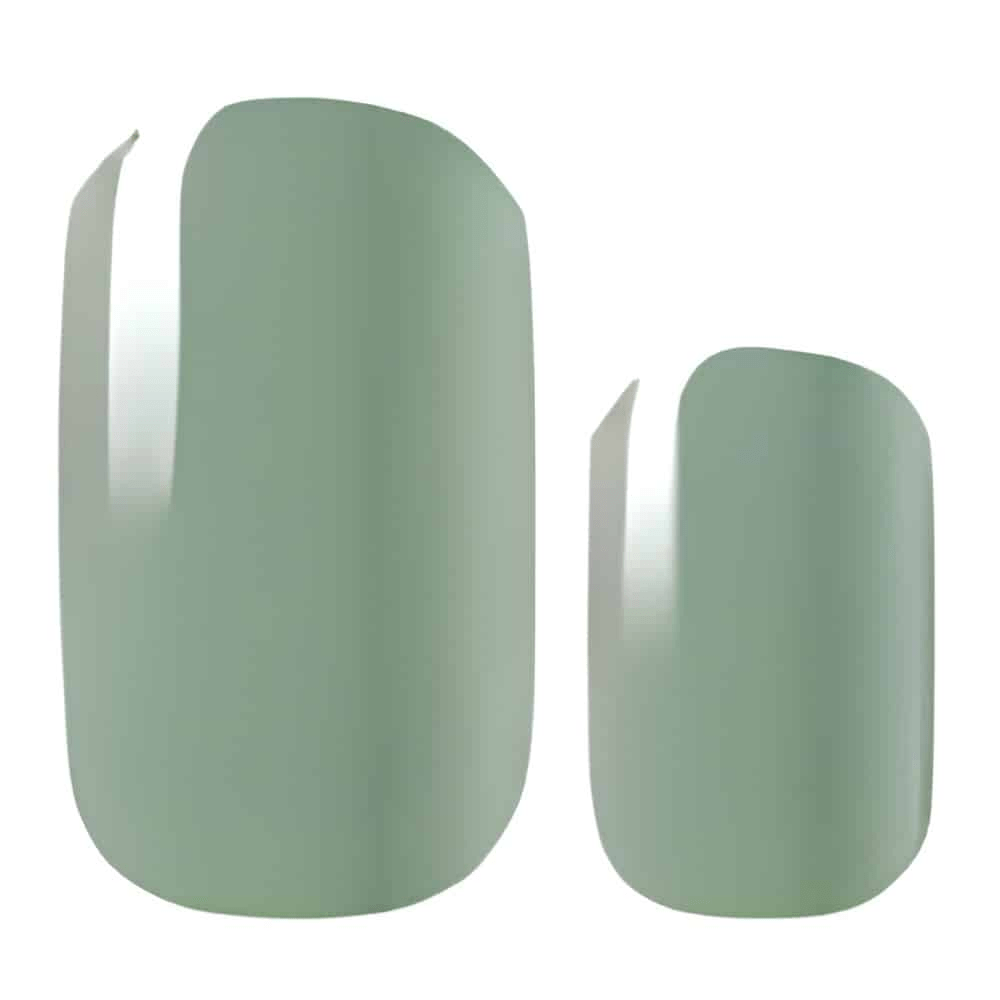 Sage green solid colour nail wraps showing glossy finish in two sizes