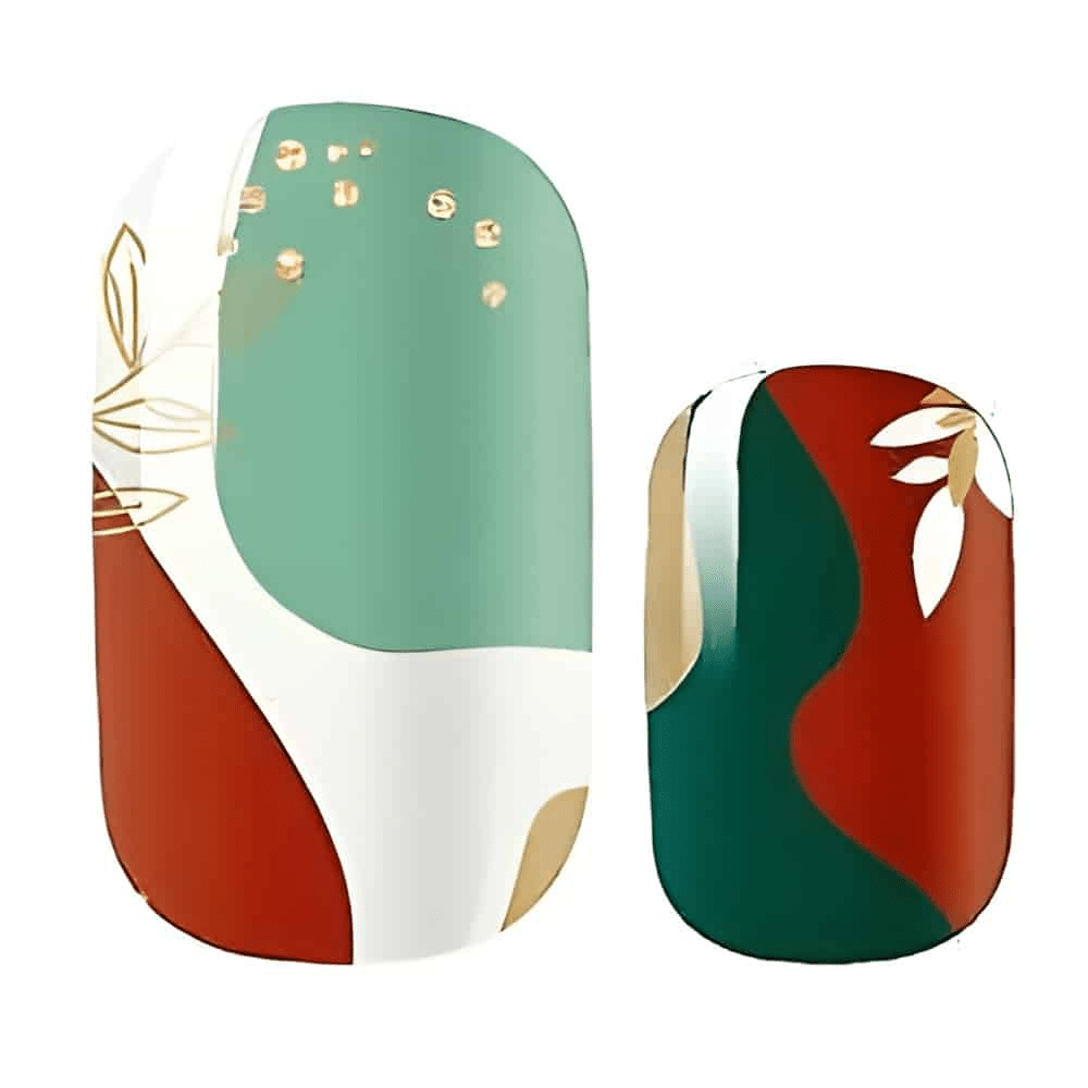 Sage green and terracotta nail wraps with botanical leaf pattern design closeup