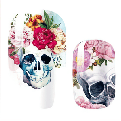 Floral skull nail wraps featuring pink roses and skeleton gothic nail art