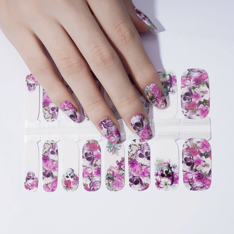 Gothic nail wraps sheet with skull and pink rose pattern for DIY manicure