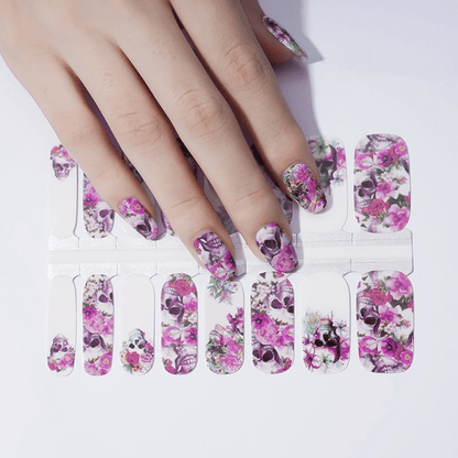 Gothic nail wraps sheet with skull and pink rose pattern for DIY manicure