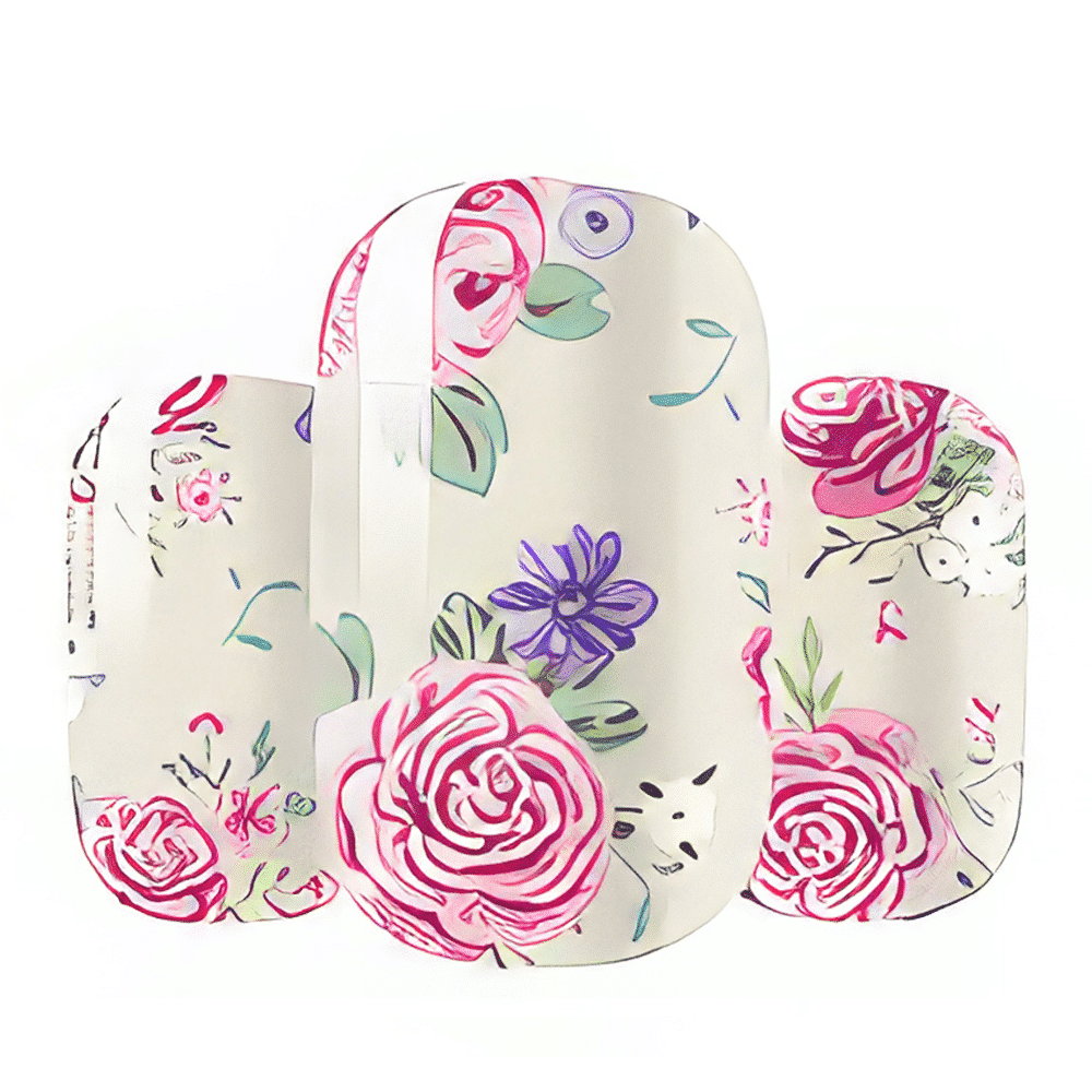 Close up of vintage rose nail wrap designs with pink and purple florals