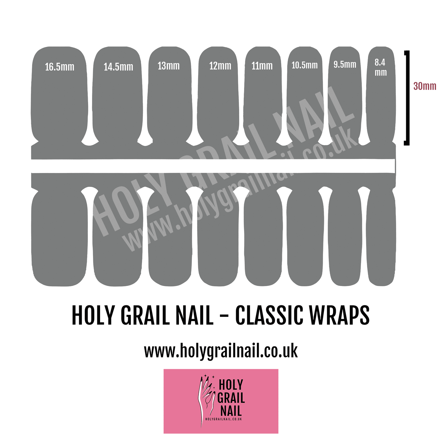 Nail wrap sizing chart showing different widths for perfect fit classic manicure application