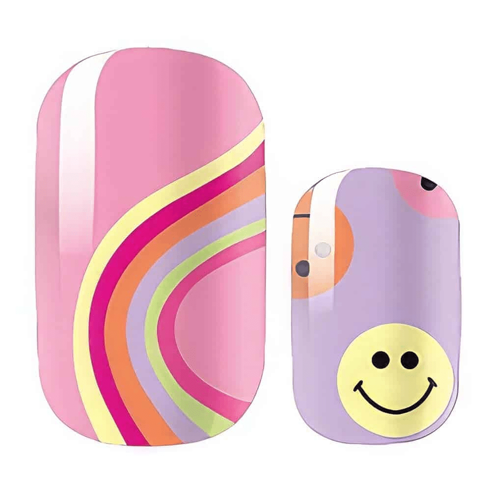 Pink and purple non-UV nail wraps featuring yellow smiley faces and rainbow stripes