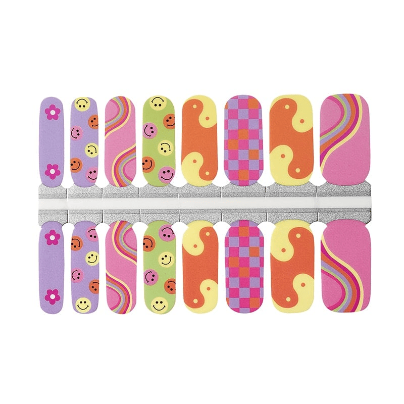 Non-UV nail wrap sheet with Y2K smiley face designs in bright pink, yellow, and orange