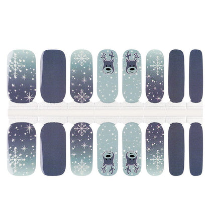 Non-UV nail wraps sheet showing blue grey gradient snowflake and reindeer Christmas nail art designs