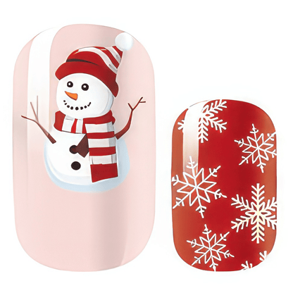 Festive snowman and red snowflake Christmas nail wraps close-up design detail
