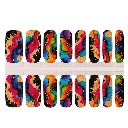 Vibrant multicolour abstract nail wraps sheet with gold metallic and artistic patterns