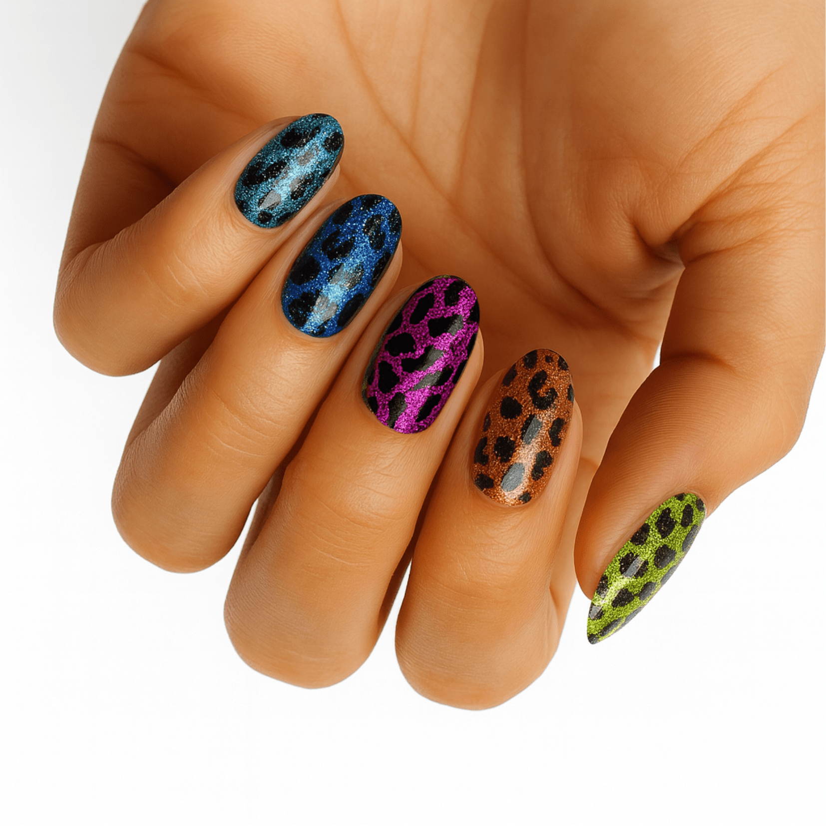 Colourful leopard print gel nail wraps on hand featuring rainbow animal print nail art
