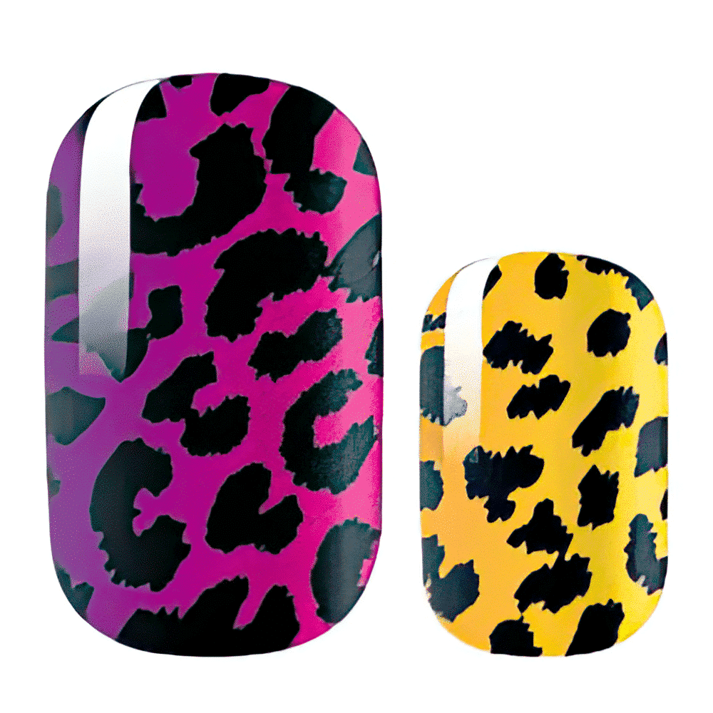 Purple and yellow leopard print nail wrap strips showing bold animal print designs