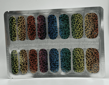Rainbow leopard print nail wrap sheet showing multicoloured animal print nail art designs