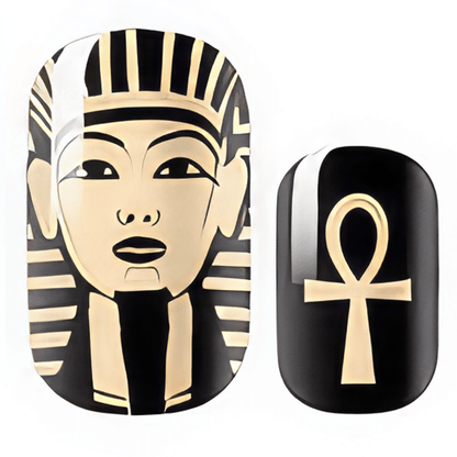 Ancient Egyptian nail wrap designs showing gold pharaoh face and black ankh symbol patterns