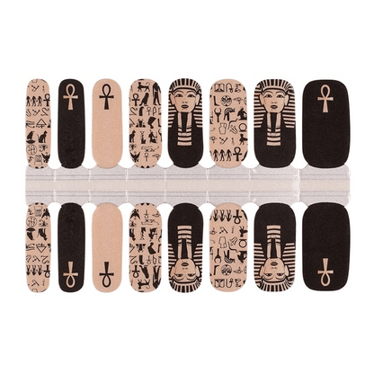 Black and gold Egyptian pharaoh nail wraps with ankh symbols and hieroglyph designs