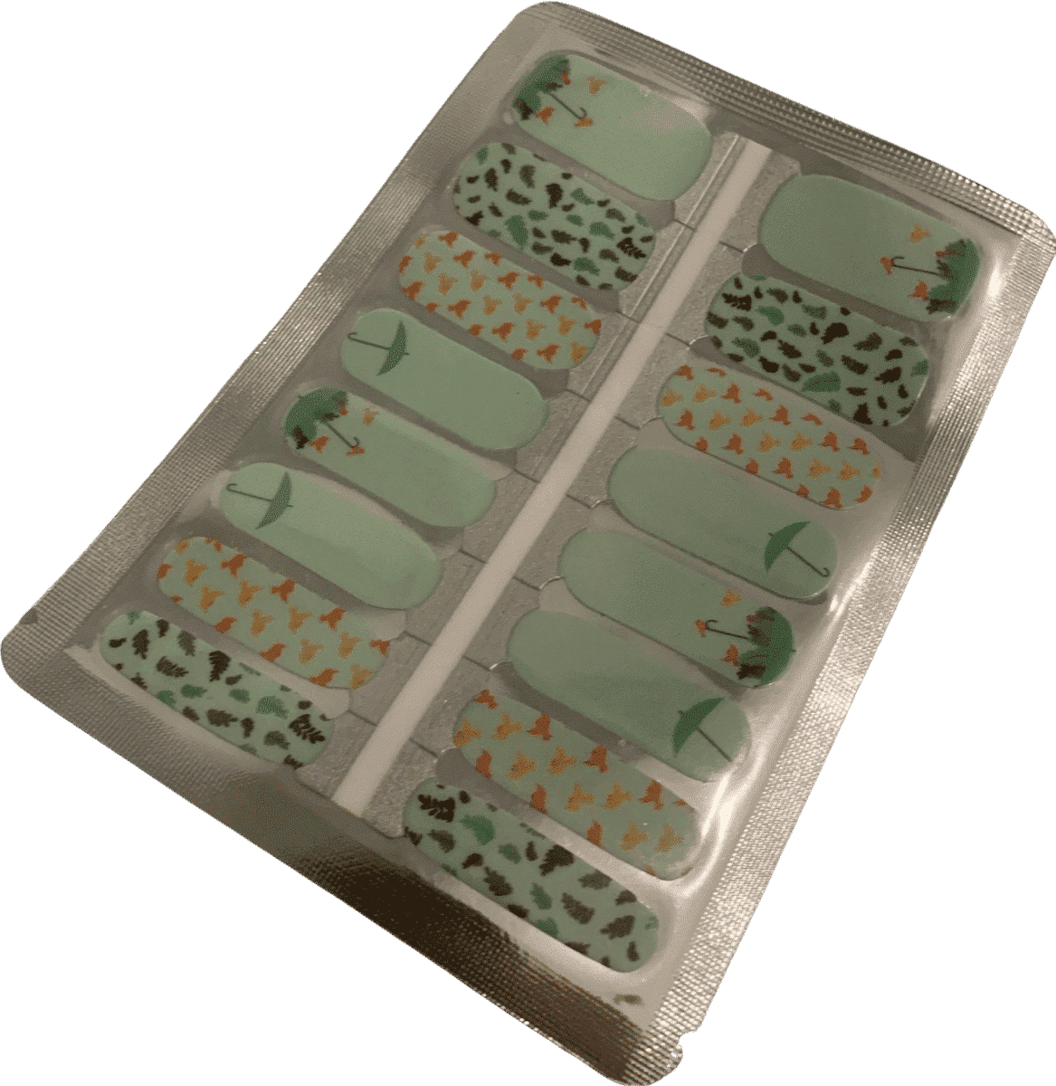 Non-UV nail wraps sheet showing mint green spring designs with birds and umbrella patterns