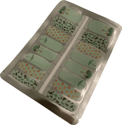 Non-UV nail wraps sheet showing mint green spring designs with birds and umbrella patterns