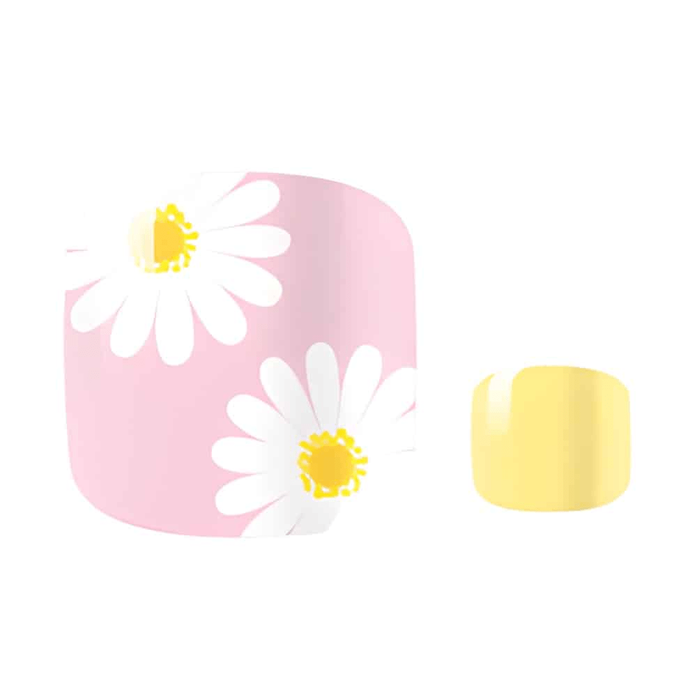 Pink non-UV pedicure wrap with white daisy flowers and yellow centre on foot