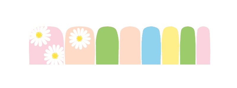 Springtime pastel pedicure wraps with white daisies in pink green blue yellow colours