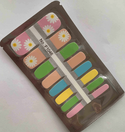 Non-UV pedicure wraps packaging showing daisy floral designs in pastel spring colours