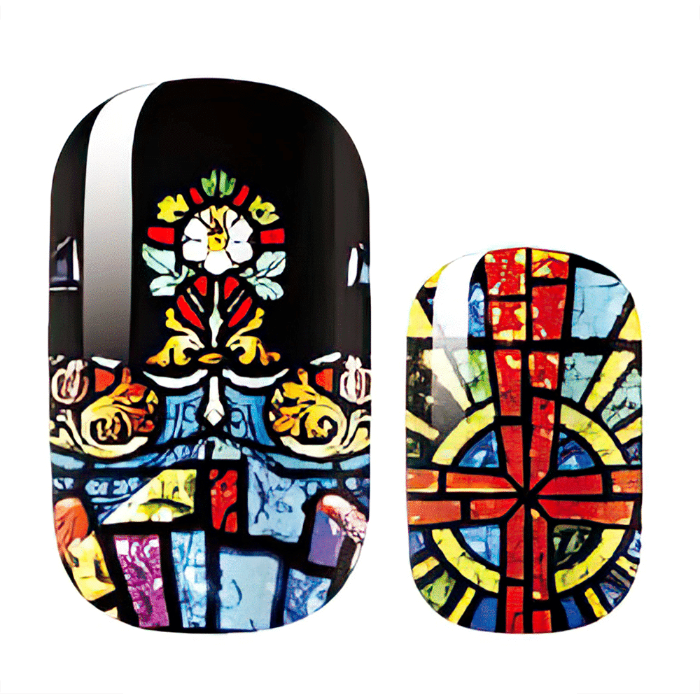 Colourful stained glass church window design nail wraps with ornate gothic patterns