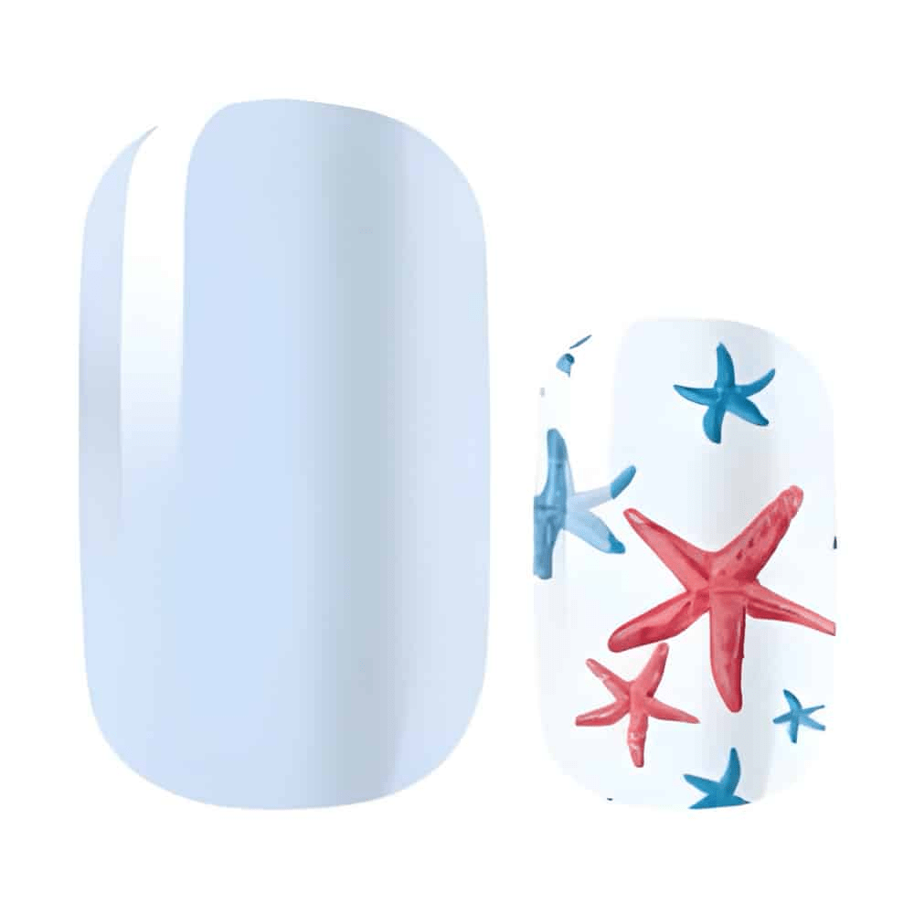Blue starfish pattern non-UV nail wraps with coral and white glittery starfish design