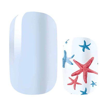 Blue starfish pattern non-UV nail wraps with coral and white glittery starfish design