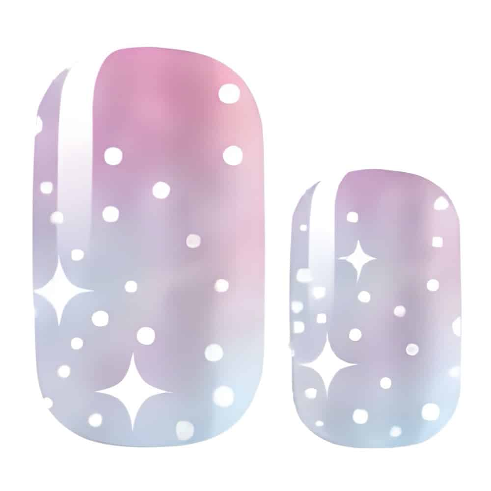 Pink to blue gradient nail wraps with white polka dots and star pattern