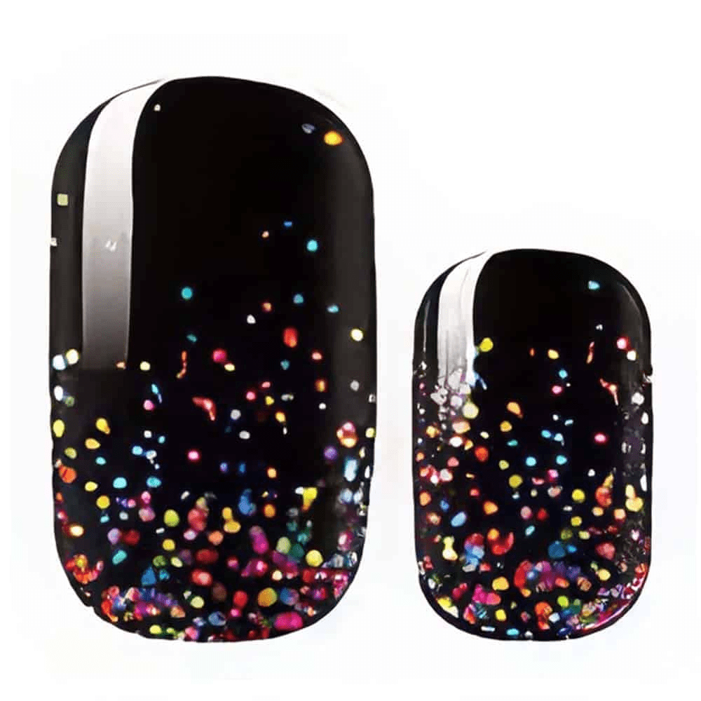 Black nail wraps with rainbow glitter confetti pattern for festive at-home manicure