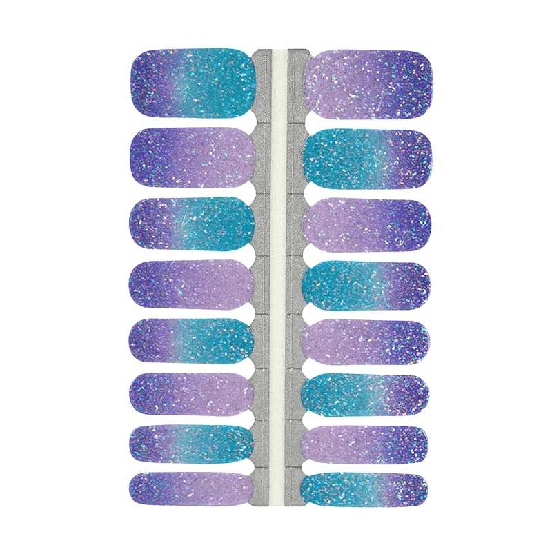 Galaxy ombre nail wraps sheet featuring purple turquoise glitter gradient cosmic design