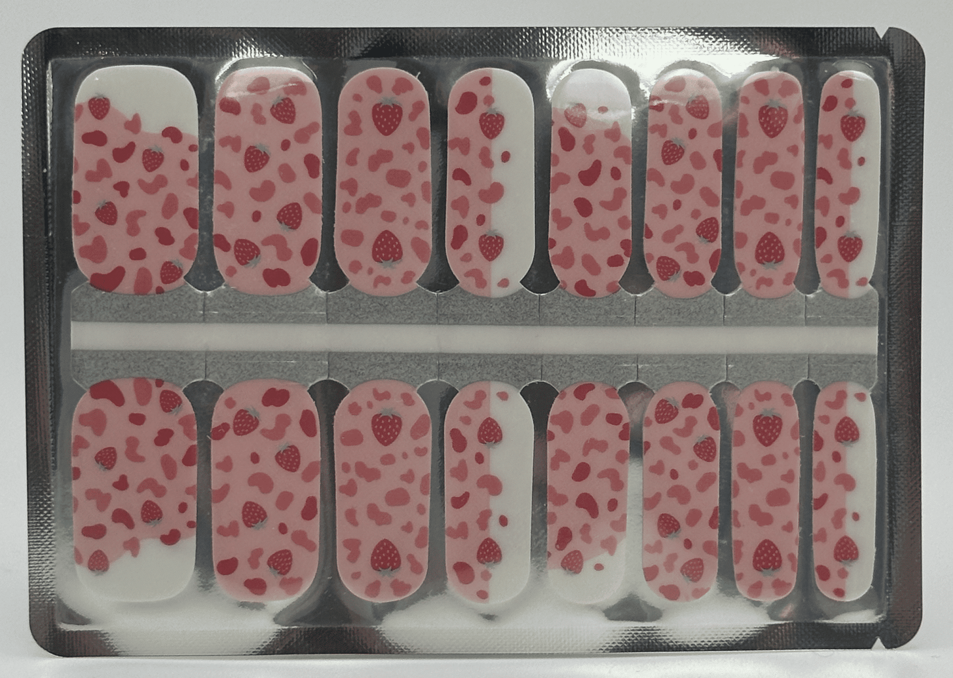 Strawberry cream gel nail wraps sheet with pink fruit polka dot pattern design