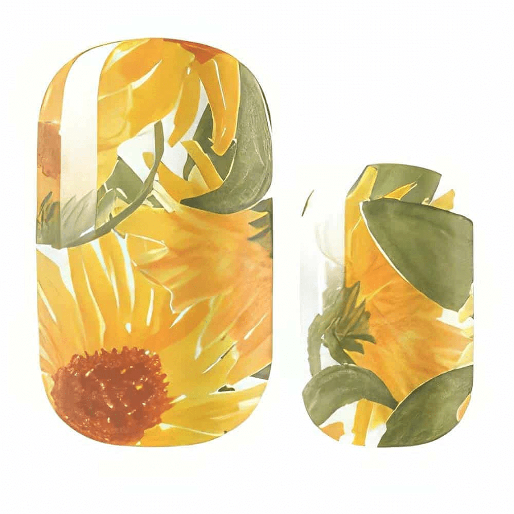 Two yellow sunflower nail wraps with green leaves watercolour floral design