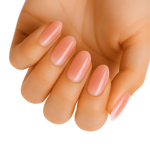 Hand wearing glossy coral pink nail wraps in sunset ombre finish