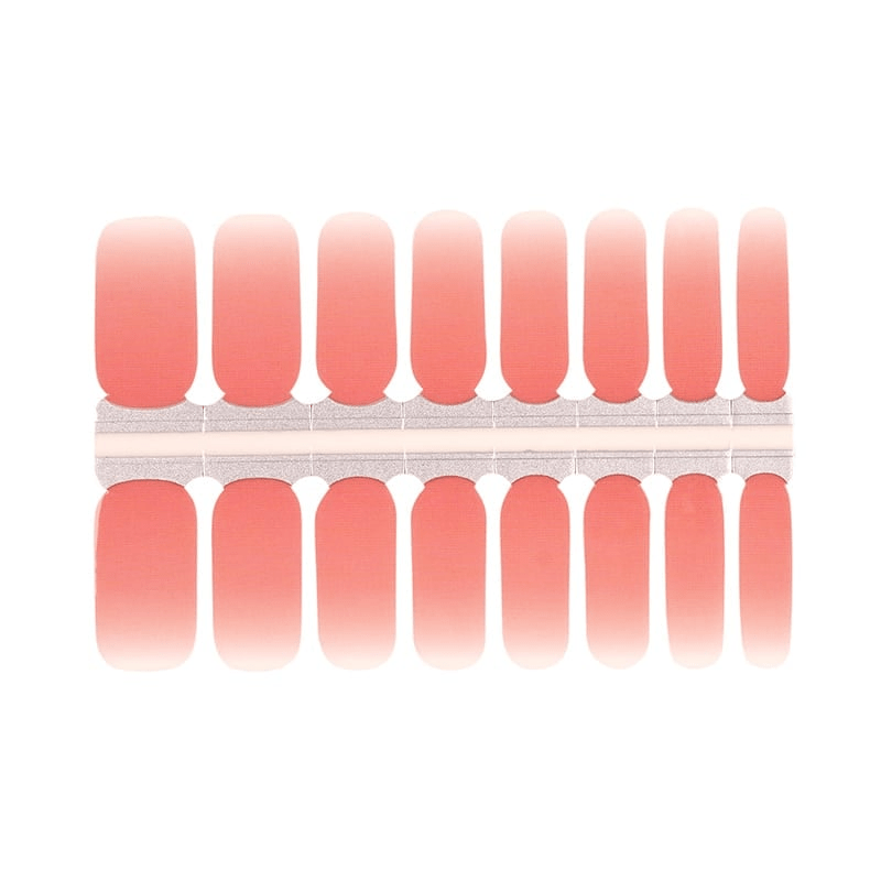 Coral to peach ombre nail wraps sheet showing 16 glossy gradient designs