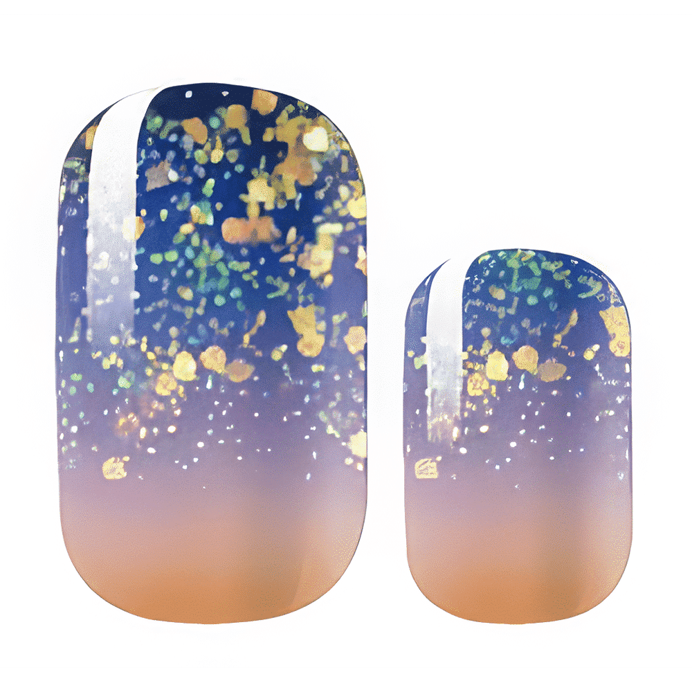 Sunset fireflies gel nail wraps featuring navy to amber gradient with gold glitter confetti