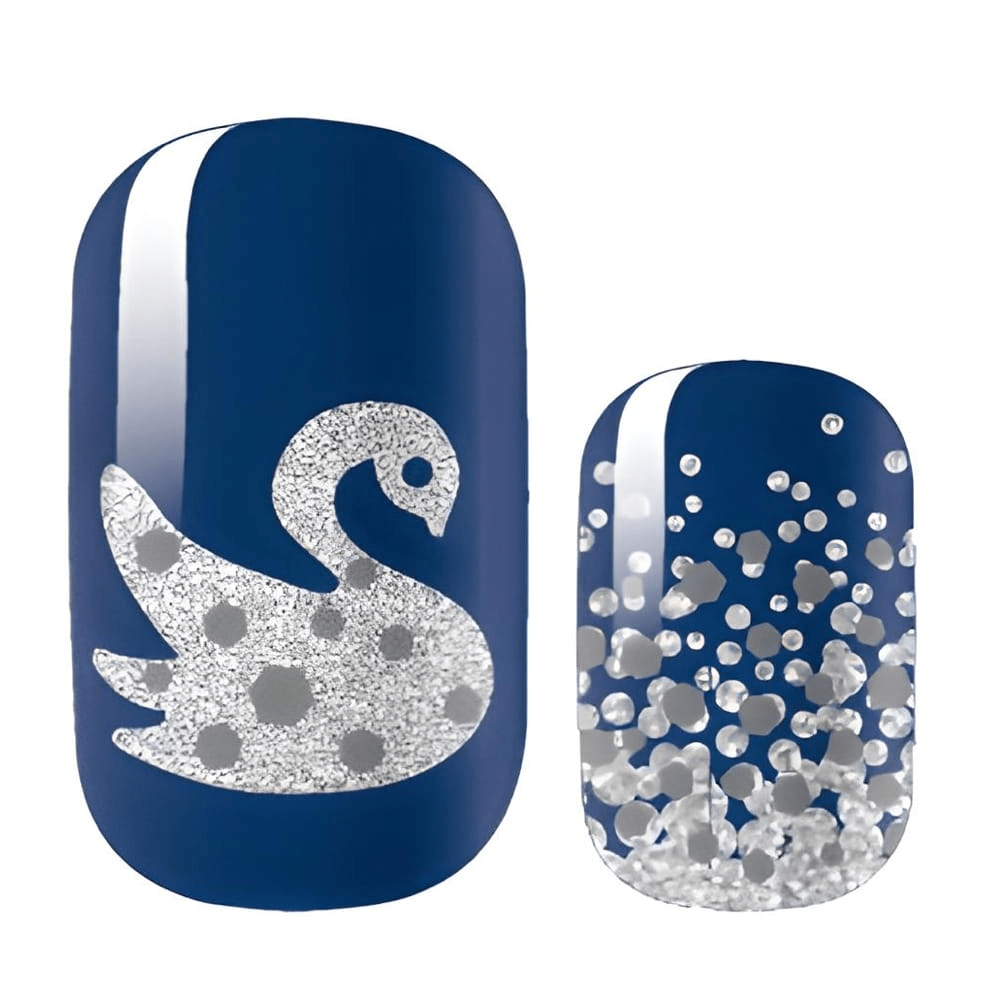 Navy blue nail wraps with silver glitter swan design and polka dot pattern