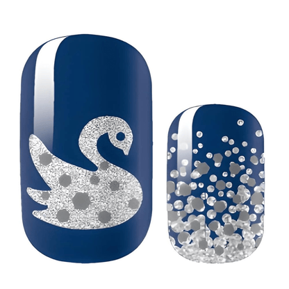 Navy blue nail wraps with silver glitter swan design and polka dot pattern