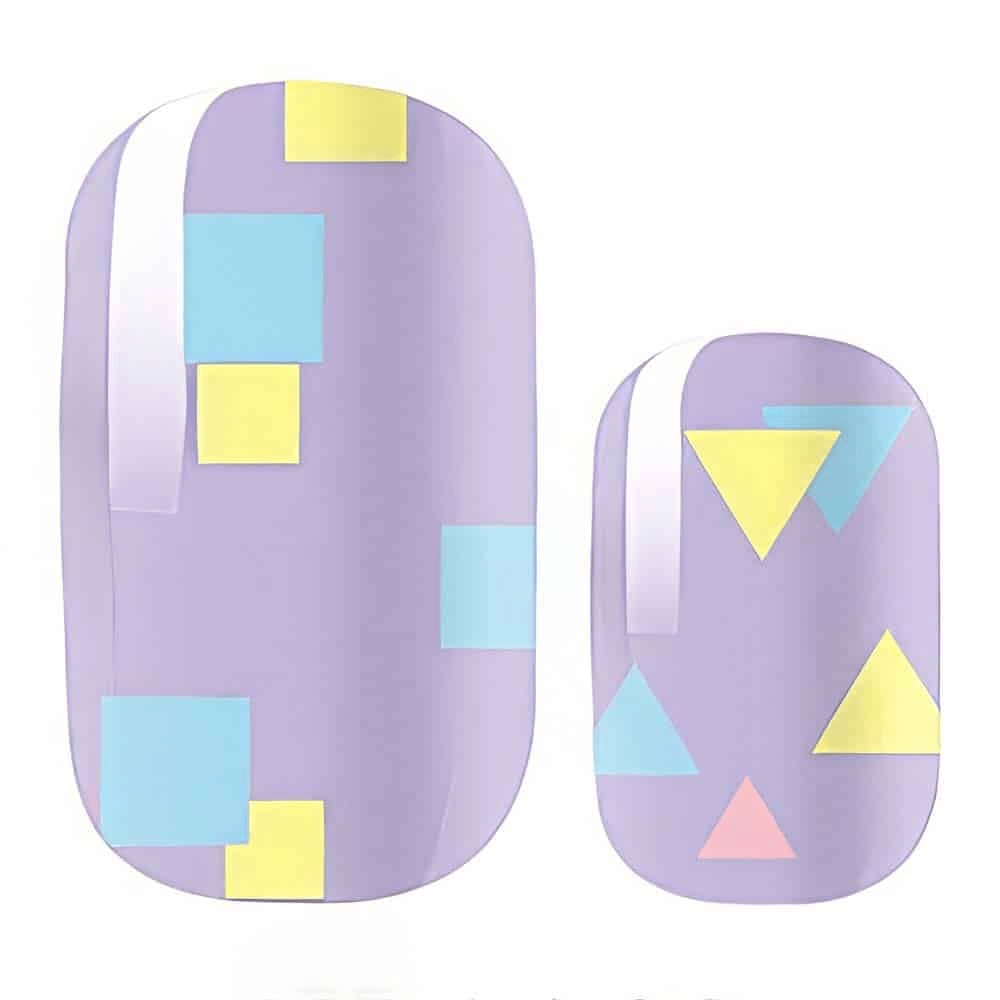 Purple nail wraps with geometric pastel shapes in retro synthwave Memphis design style