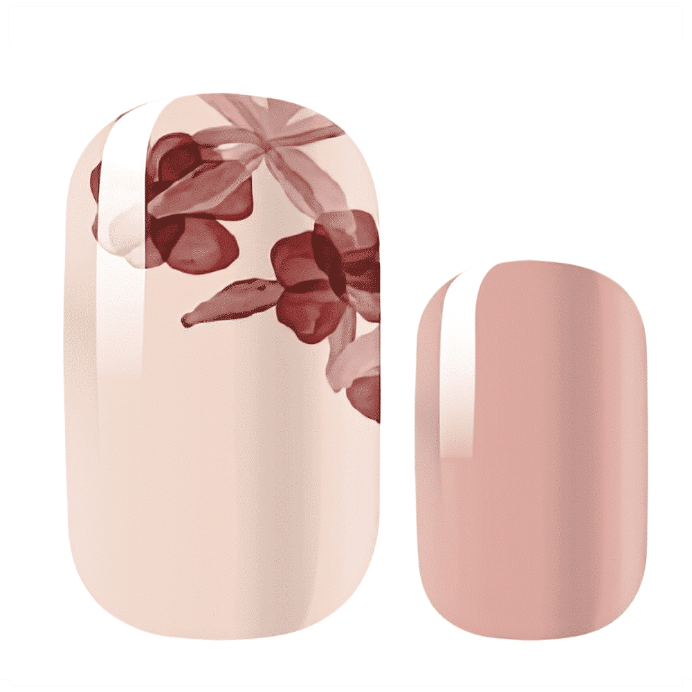 Dusty pink non-UV nail wraps with burgundy rose botanical design for feminine nail art