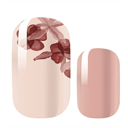 Dusty pink non-UV nail wraps with burgundy rose botanical design for feminine nail art